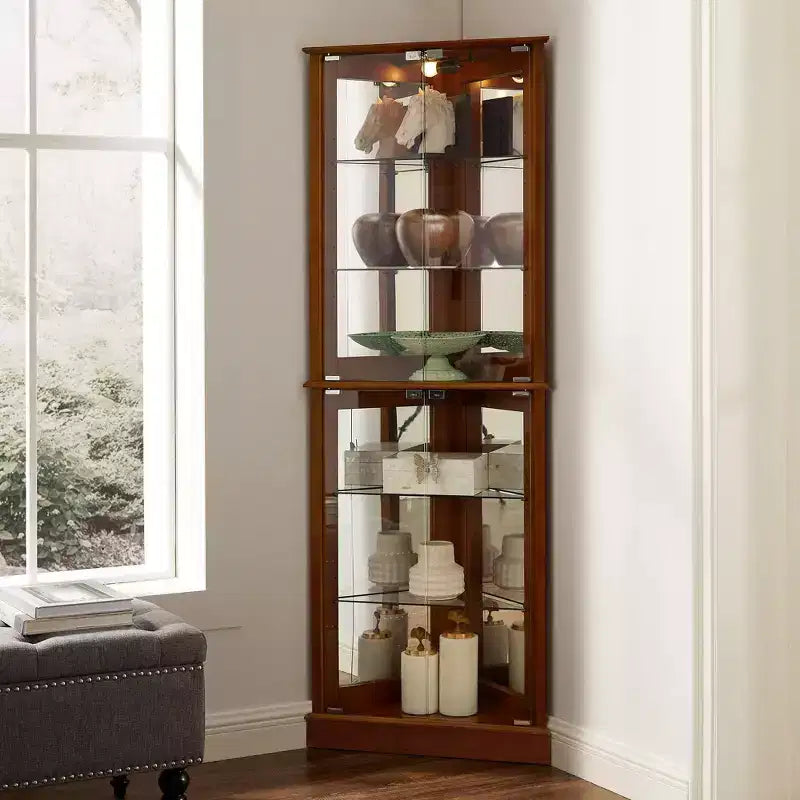 Vitrine d'angle, Merisier/Noyer, 4 portes vitrées