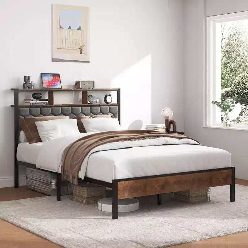 Full/Queen/King Size Wooden Platform Bed Frame with Upholstered Headboard,2 USB Ports, Large Under-Bed Storage,Noise-Free,No Box Spring Needed,Brown