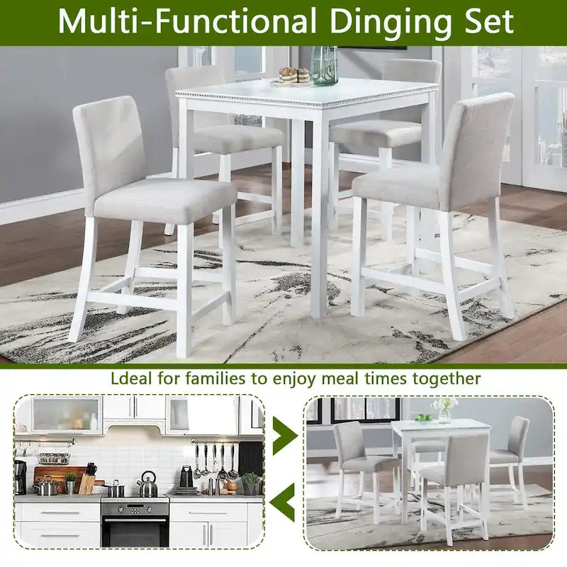 Modern 5-Piece Dining Set with Square Counter Height Table & 4 Upholstered Chairs