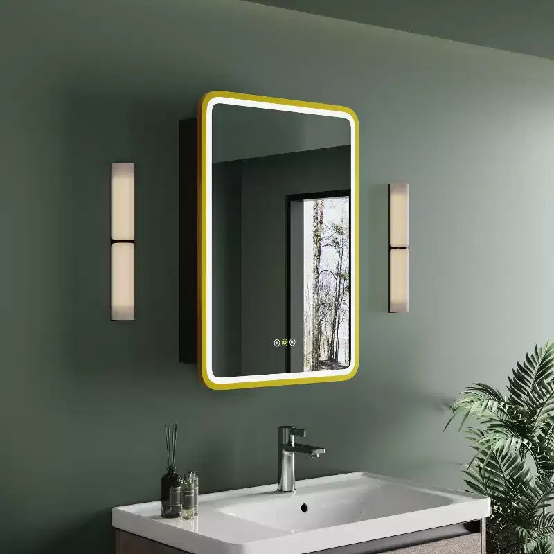 Armoire à pharmacie LED noire / blanche / dorée, porte simple, charnière à gauche ou à droite, encastrée ou murale