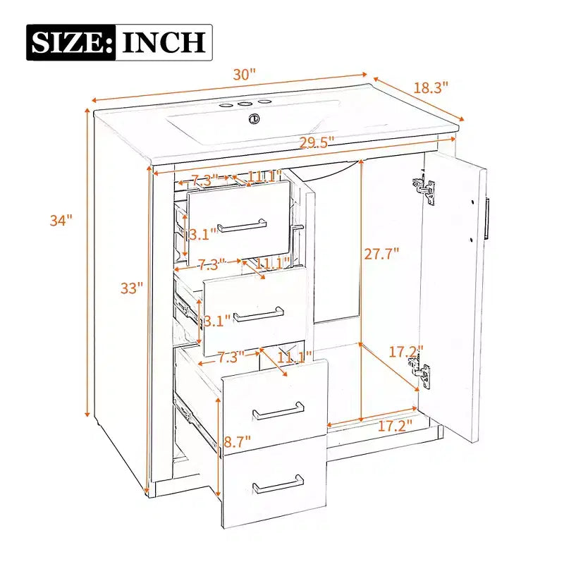 Meuble-lavabo de salle de bain de 76 cm à lavabo simple avec armoire et 3 tiroirs – Noir / Bleu / Vert / Indigo / Blanc