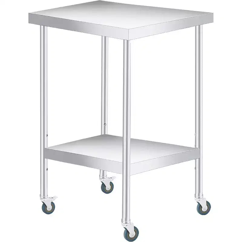 Table de travail en acier inoxydable argenté à 2 niveaux - Pieds fixes/Roues verrouillables, 1-2 personnes