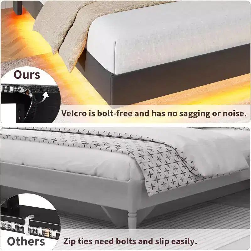 Lit plateforme flottant rembourré beige / noir / gris, lumières LED, tête de lit de rangement, pleine grandeur / grand format / très grand format, 1 personne