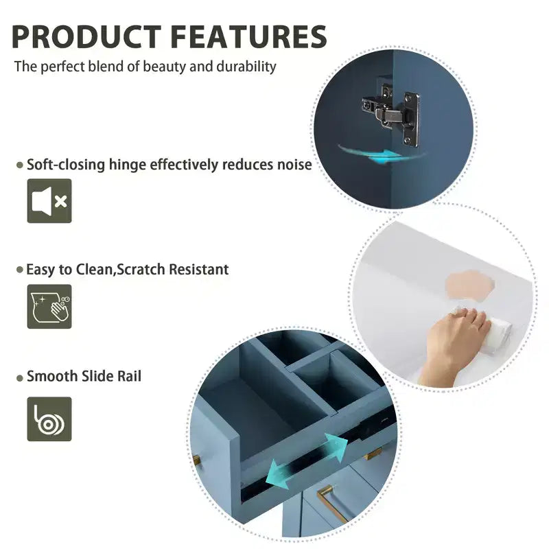 Meuble-lavabo de salle de bain de 76 cm à lavabo simple avec armoire et 3 tiroirs – Noir / Bleu / Vert / Indigo / Blanc