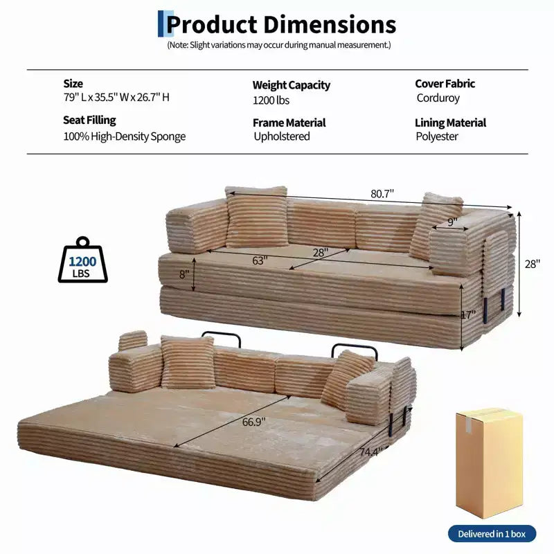 80.7 5-in-1 Convertible Sleeper Sofa Bed ??Corduroy, 1200 lbs, No Assembly