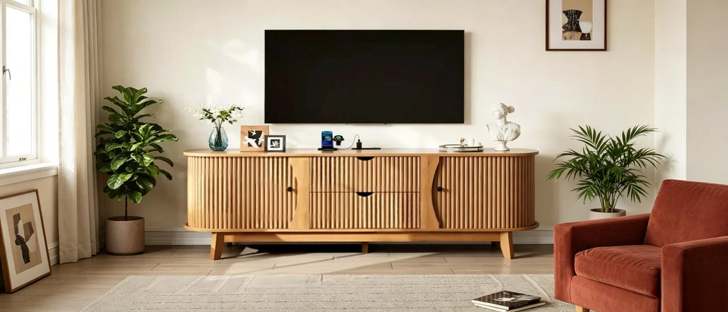 Czarno-brązowa szafka RTV z dwoma szufladami w stylu mid-century, do 1 pomieszczenia
