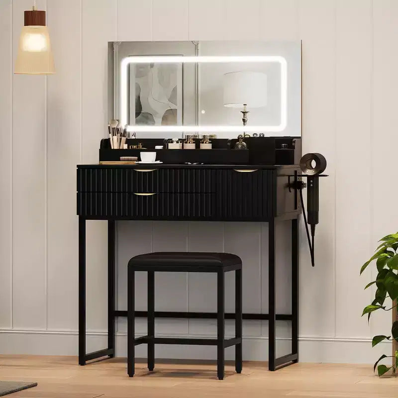 Vanity Desk with Mirror and Lights, LED Lighted Mirror Design, Ample Storage Drawers for Cosmetics and Toiletries Organization