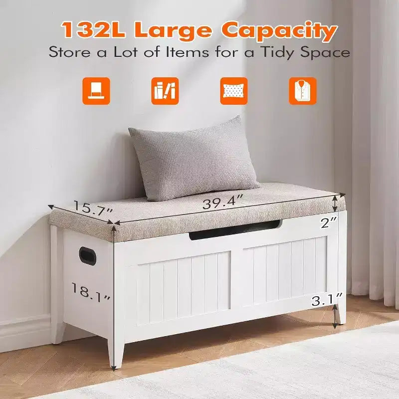 Banc de rangement capitonné marron / gris / rose / blanc, coffre en bois avec assise rembourrée, 1 personne