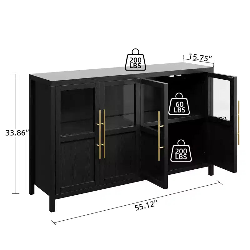 Buffet bahut avec portes vitrées, coloris noir/gris/bois, 4 portes, assemblage 1 personne