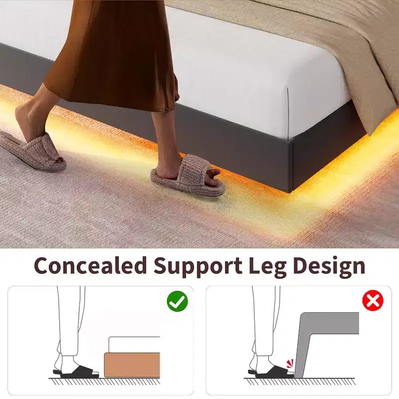 Lit plateforme flottant rembourré beige / noir / gris, lumières LED, tête de lit de rangement, pleine grandeur / grand format / très grand format, 1 personne