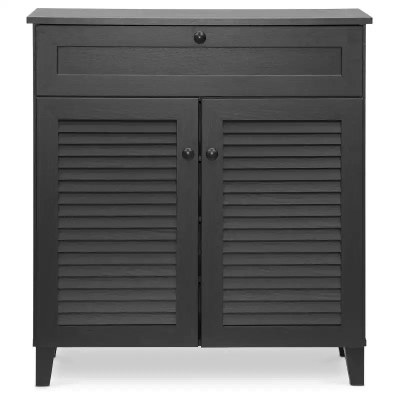 Meuble de rangement pour chaussures avec portes et tiroirs, coloris expresso – Contient 16 paires