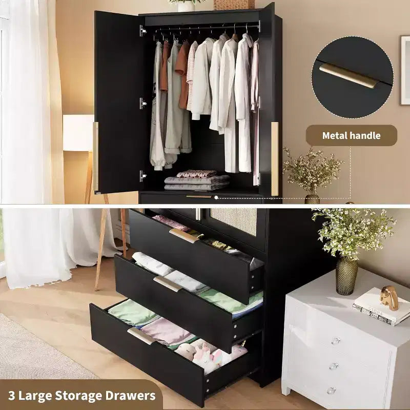 Armoire 2 portes avec 3 tiroirs et tringle de penderie