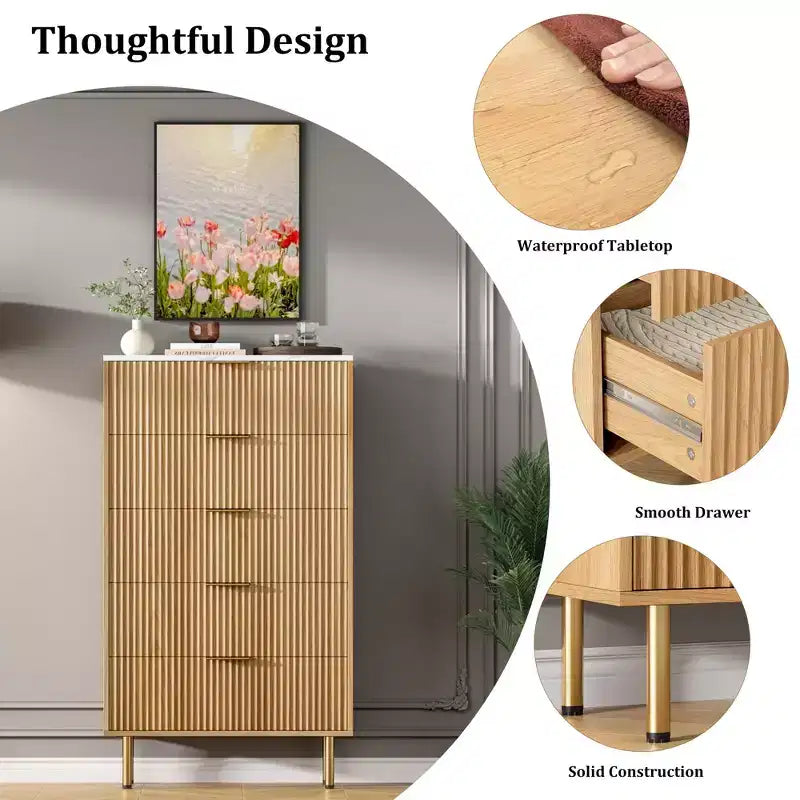 Commode 5 tiroirs blanche / effet marbre et bois – Panneau cannelé, pour 1 personne