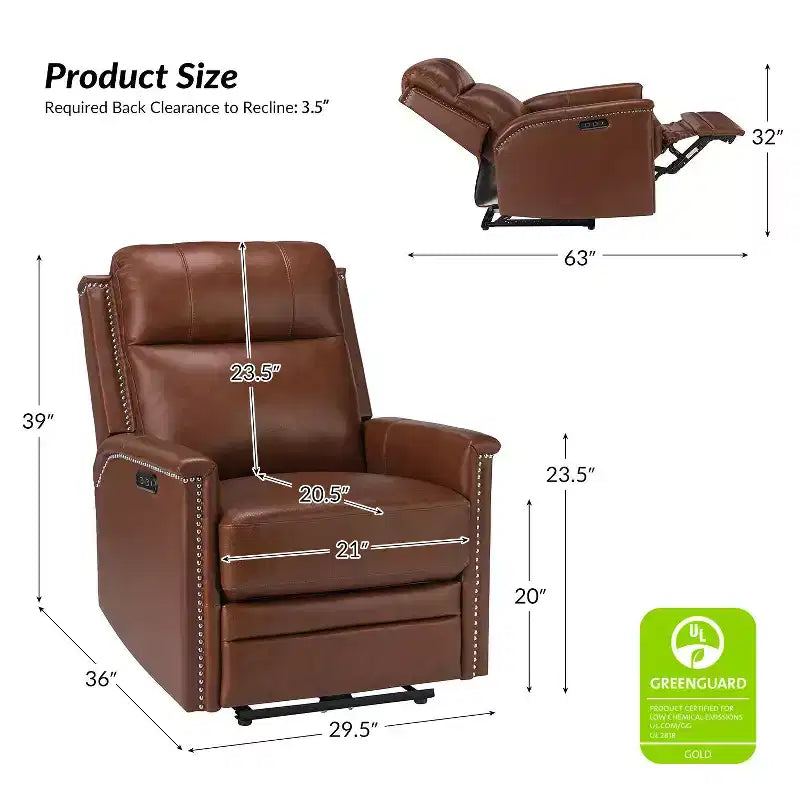 Fauteuil inclinable motorisé, couleur brun/camel, une place
