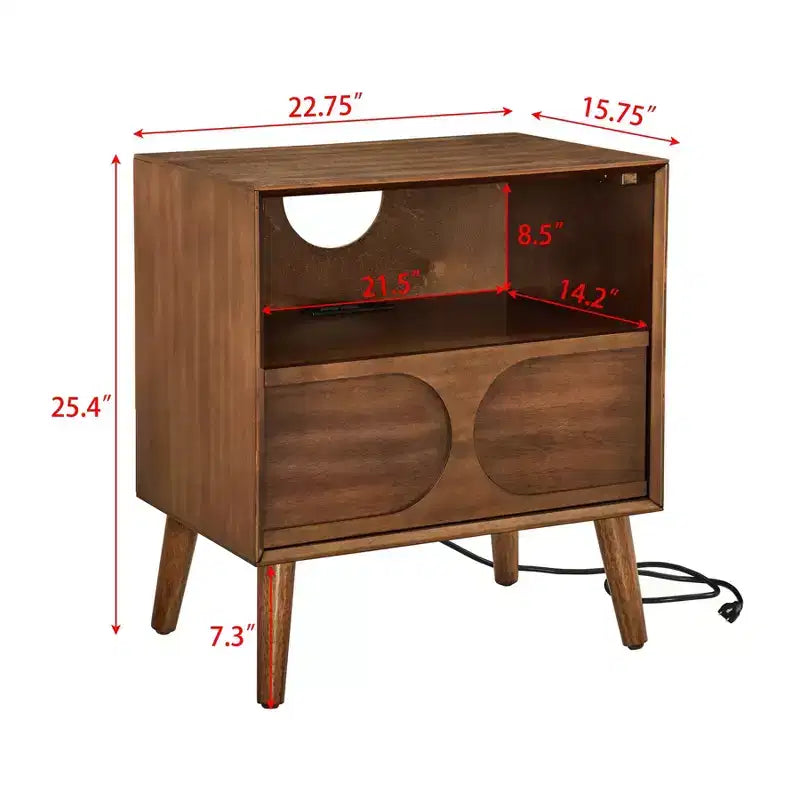 Table d'appoint cannelée marron avec tiroir et étagère ouverte, pour 1 personne