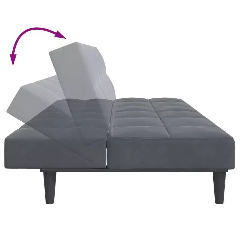 Ciemnoszara aksamitna dwuosobowa rozkładana sofa z otomaną