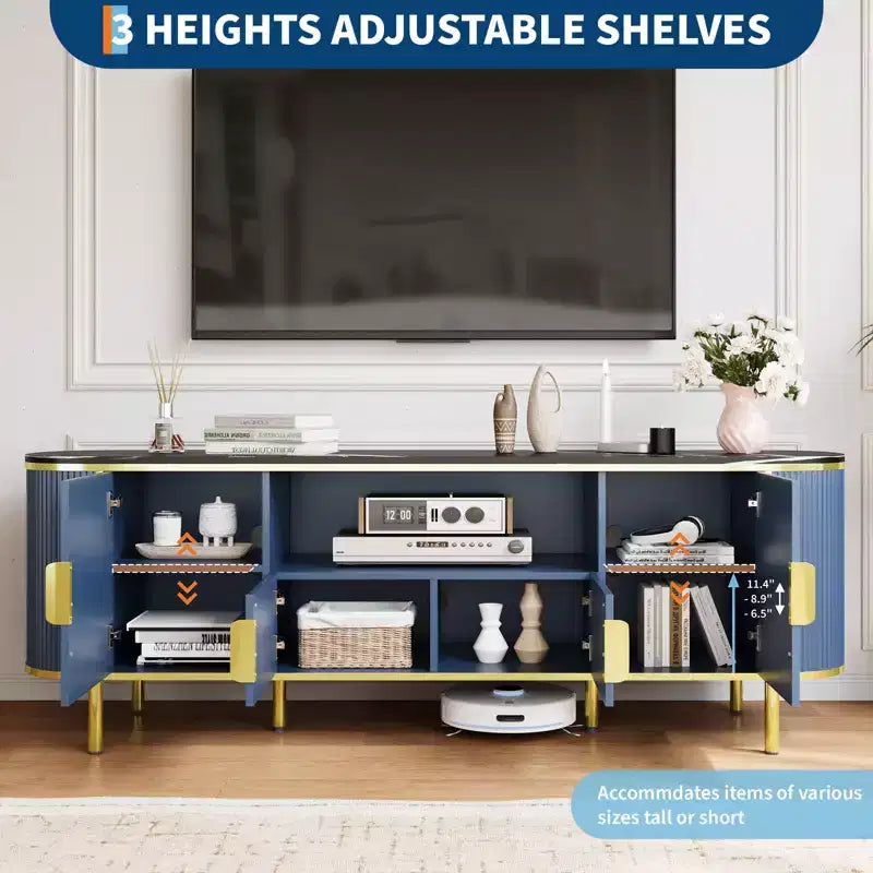 Meuble TV cannelé bleu/chêne avec portes coulissantes et étagères réglables, convient aux téléviseurs jusqu'à 8 pouces