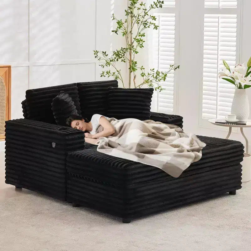 Sofa wypoczynkowa trzyosobowa sztruksowa z uchwytami na kubki i portami ładowania