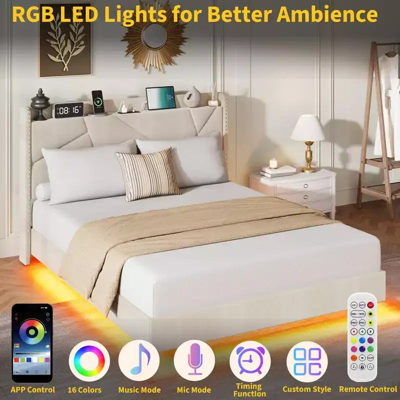 Lit plateforme flottant rembourré beige / noir / gris, lumières LED, tête de lit de rangement, pleine grandeur / grand format / très grand format, 1 personne