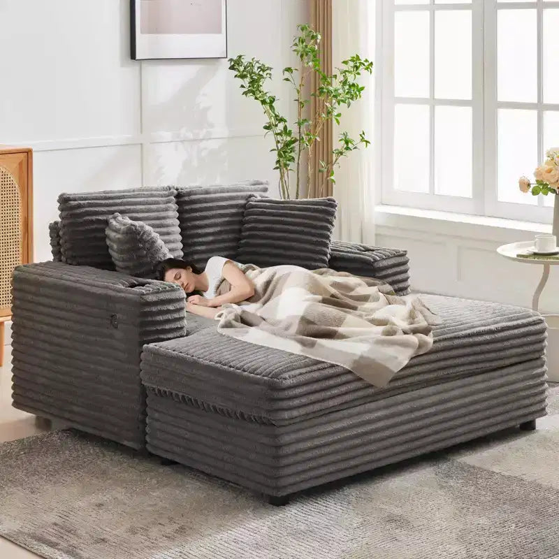 Sofa wypoczynkowa trzyosobowa sztruksowa z uchwytami na kubki i portami ładowania
