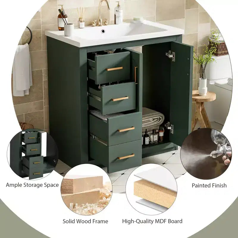 Meuble-lavabo de salle de bain de 76 cm à lavabo simple avec armoire et 3 tiroirs – Noir / Bleu / Vert / Indigo / Blanc