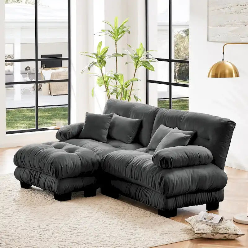 L Shaped Loveseat Sofa Chenille Sectional Couch with Lumbar Pillows