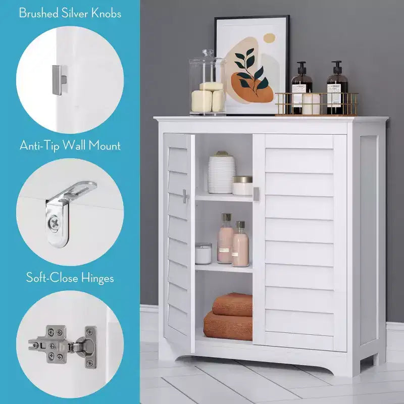 Meuble de rangement blanc à deux portes avec étagères réglables