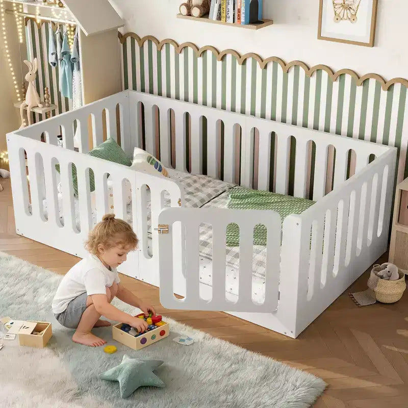 White Twin Montessori Floor Bed with Fence Rails & Door ??Solid Wood, 1 Child