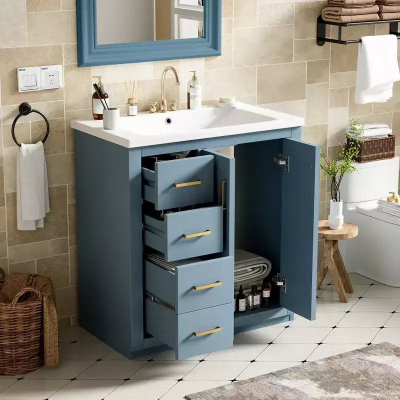 Meuble-lavabo de salle de bain de 76 cm à lavabo simple avec armoire et 3 tiroirs – Noir / Bleu / Vert / Indigo / Blanc