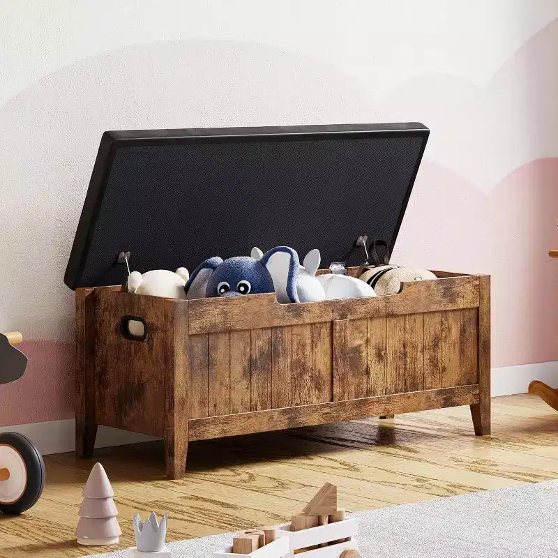 Banc de rangement capitonné marron / gris / rose / blanc, coffre en bois avec assise rembourrée, 1 personne