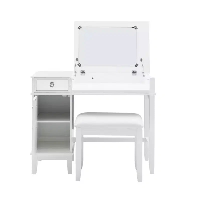 White Lift-Top Vanity Table Set with Mirror & Bench, 1-Person
