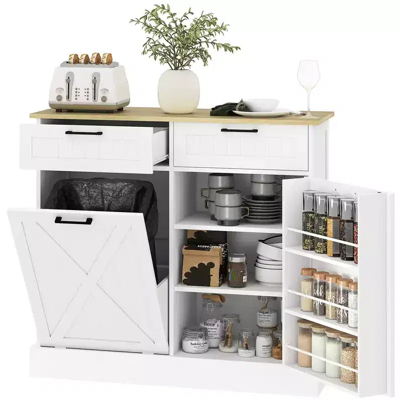 HOMCOM Tilt Out Trash Can Cabinet with Drawers, Farmhouse Kitchen Cabinet with Hidden Trash Can for Kitchen