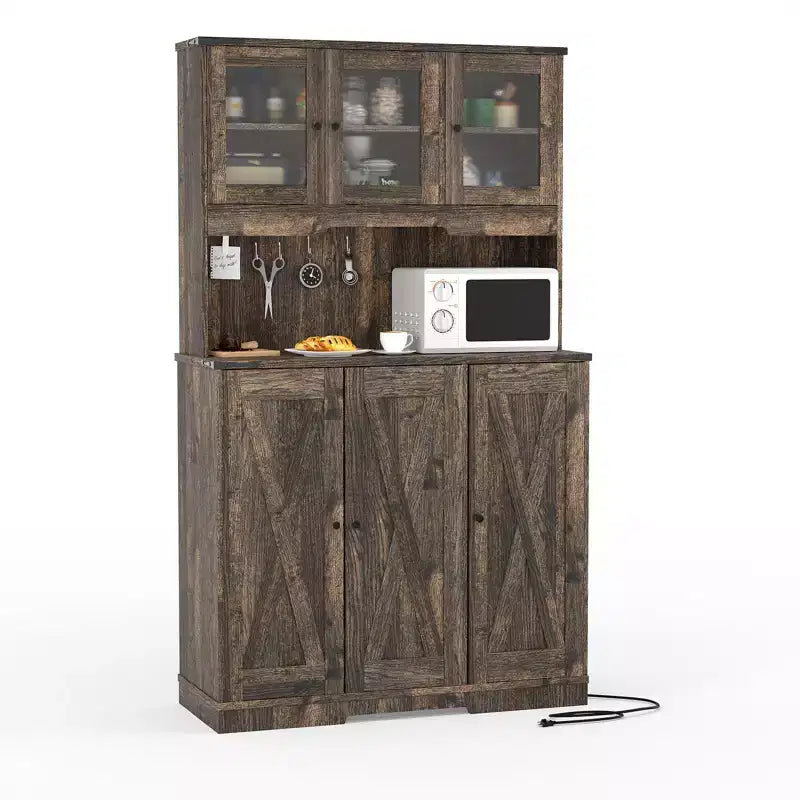 Meuble de rangement de cuisine autoportant marron avec portes en acrylique et plan de travail pour machine à café, 1 personne