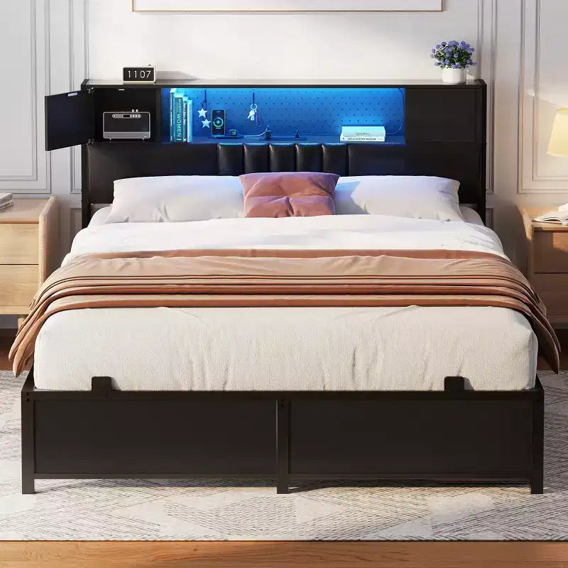 Cadre de lit plateforme rembourré Chêne Noir / Gris avec lumières LED et station de recharge ¨C Grand lit / Très grand lit, 1 personne
