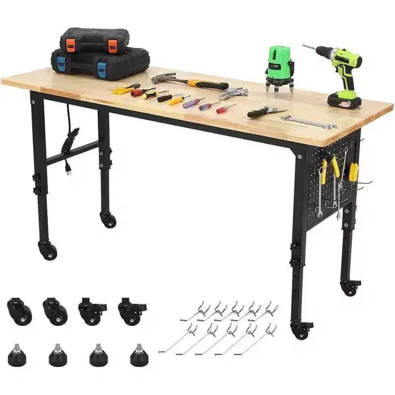 Acekool 48x24 Heavy Duty Workbench, Rubber Wood Top, Pegboard, Power Outlet, Lockable Wheels, Adjustable Height, 2000lbs for Garage Workshop
