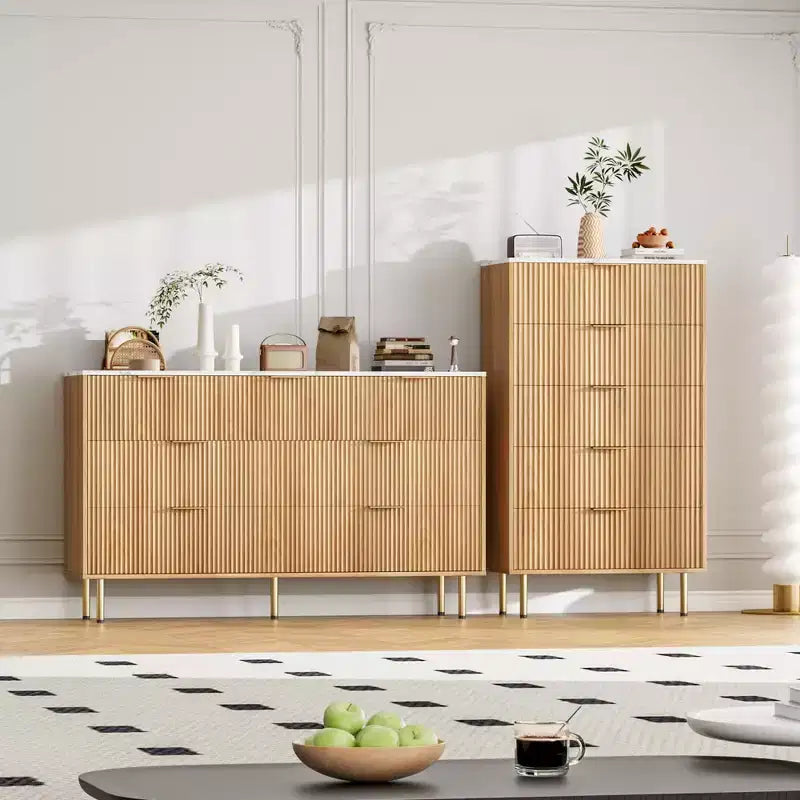 Commode 5 tiroirs blanche / effet marbre et bois – Panneau cannelé, pour 1 personne