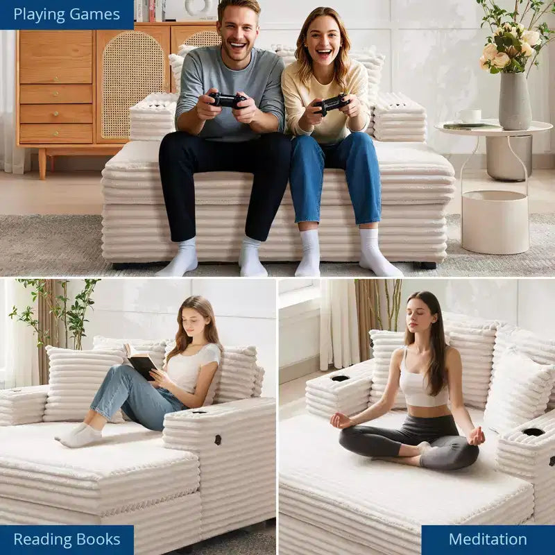 Sofa wypoczynkowa trzyosobowa sztruksowa z uchwytami na kubki i portami ładowania