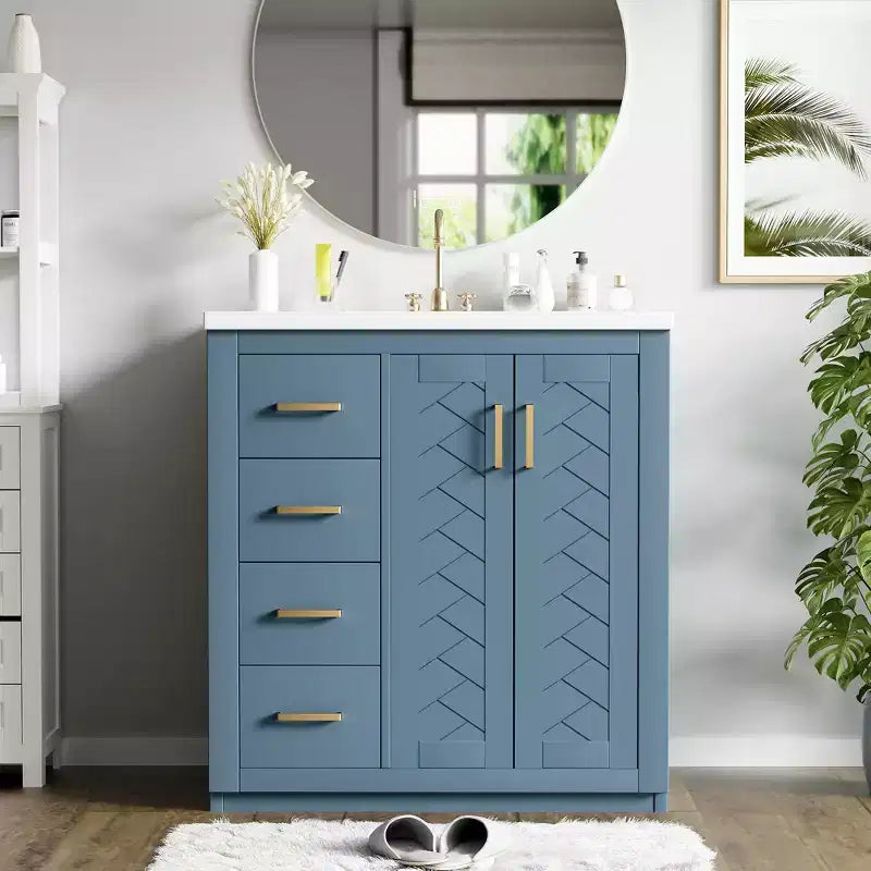 Meuble-lavabo de salle de bain de 76 cm à lavabo simple avec armoire et 3 tiroirs – Noir / Bleu / Vert / Indigo / Blanc