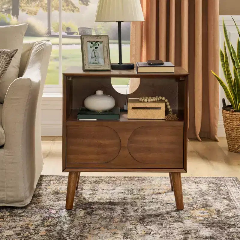 Table d'appoint cannelée marron avec tiroir et étagère ouverte, pour 1 personne