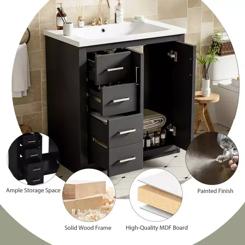 Meuble-lavabo de salle de bain de 76 cm à lavabo simple avec armoire et 3 tiroirs – Noir / Bleu / Vert / Indigo / Blanc