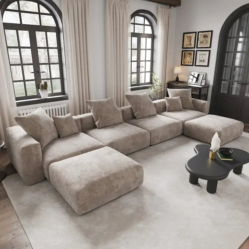 Large Modular Sectional Sofa Corduroy Upholstery U-Shaped 4 Seater with 2 Ottoman and 5 Pillows