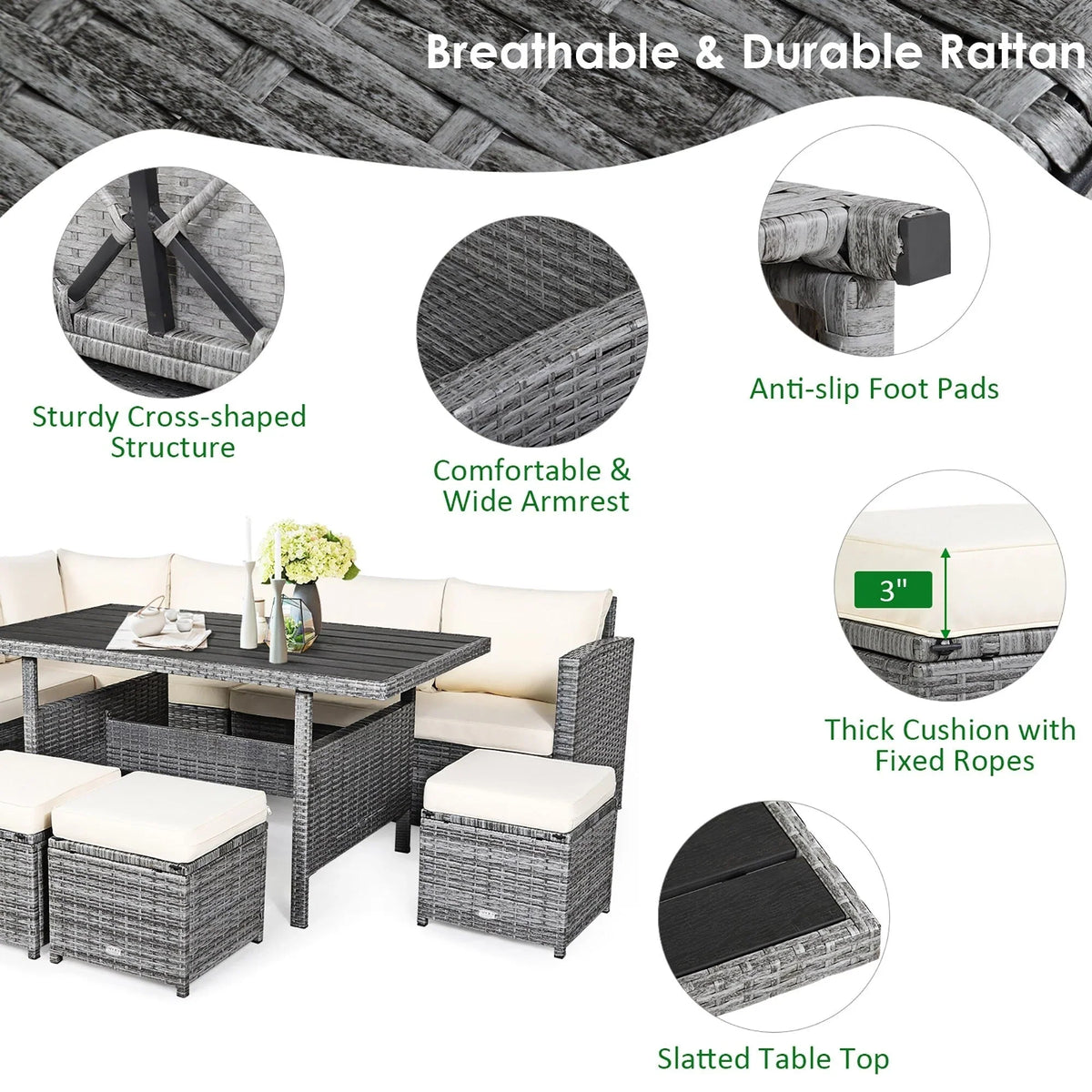 Costway 7 PCS Patio Rattan Dining Set Sectional Sofa Couch Ottoman - See Details