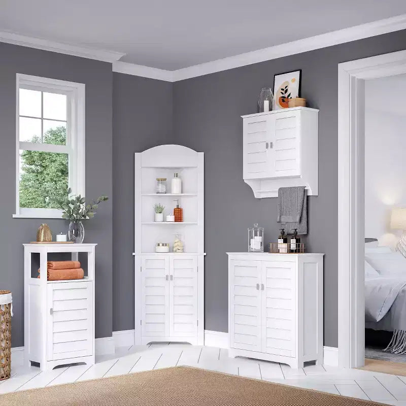 Meuble de rangement blanc à deux portes avec étagères réglables