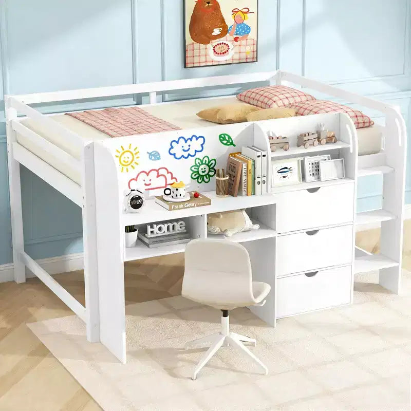 Lit bas mezzanine rose et blanc avec bureau, rangement et tableau blanc - Jumeau, 1 personne