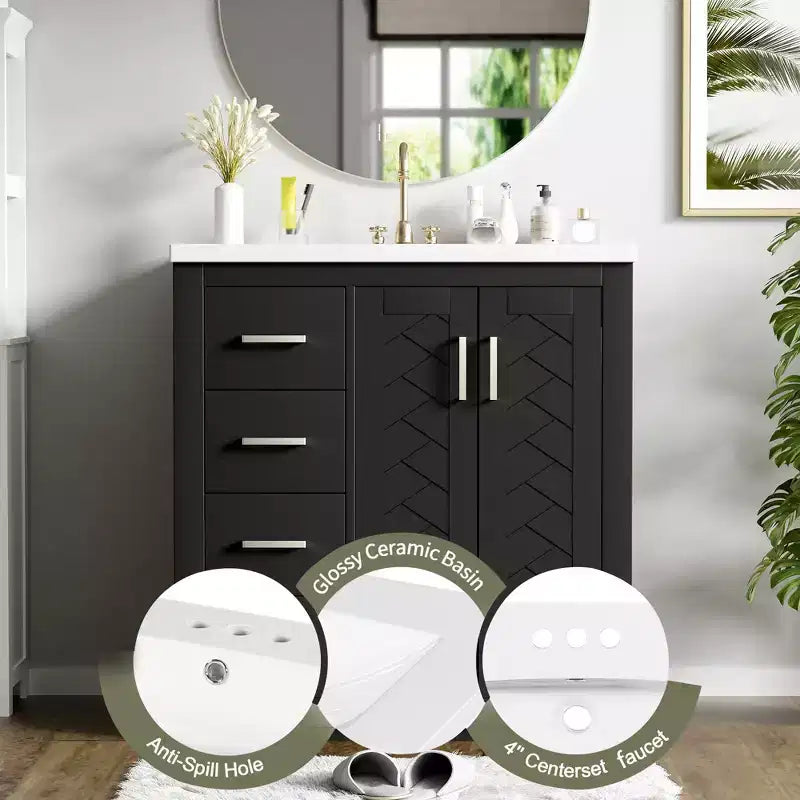 Meuble-lavabo de salle de bain de 76 cm à lavabo simple avec armoire et 3 tiroirs – Noir / Bleu / Vert / Indigo / Blanc