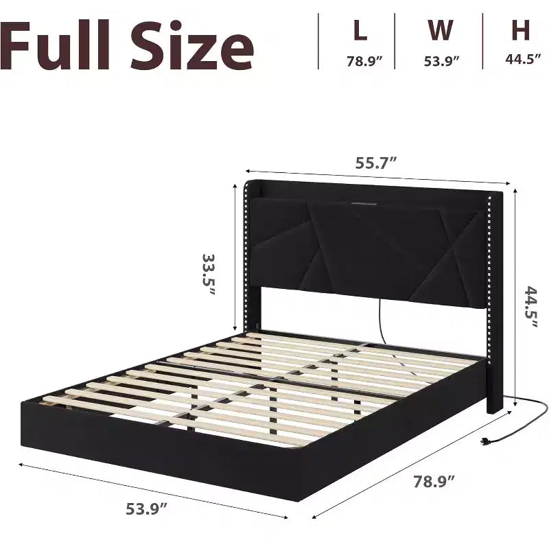 Lit plateforme flottant rembourré beige / noir / gris, lumières LED, tête de lit de rangement, pleine grandeur / grand format / très grand format, 1 personne