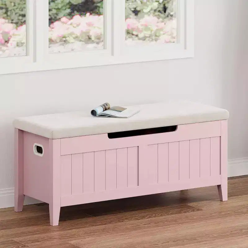 Banc de rangement capitonné marron / gris / rose / blanc, coffre en bois avec assise rembourrée, 1 personne