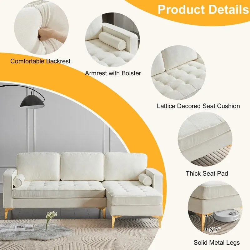Trzyosobowa modułowa sofa pokojowa ze złotymi nóżkami trójnogami