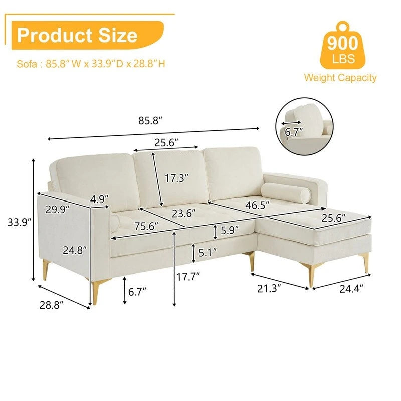 Trzyosobowa modułowa sofa pokojowa ze złotymi nóżkami trójnogami
