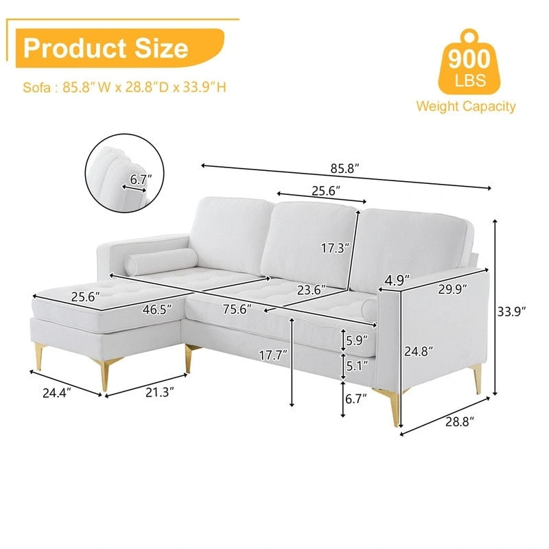 Trzyosobowa modułowa sofa pokojowa ze złotymi nóżkami trójnogami